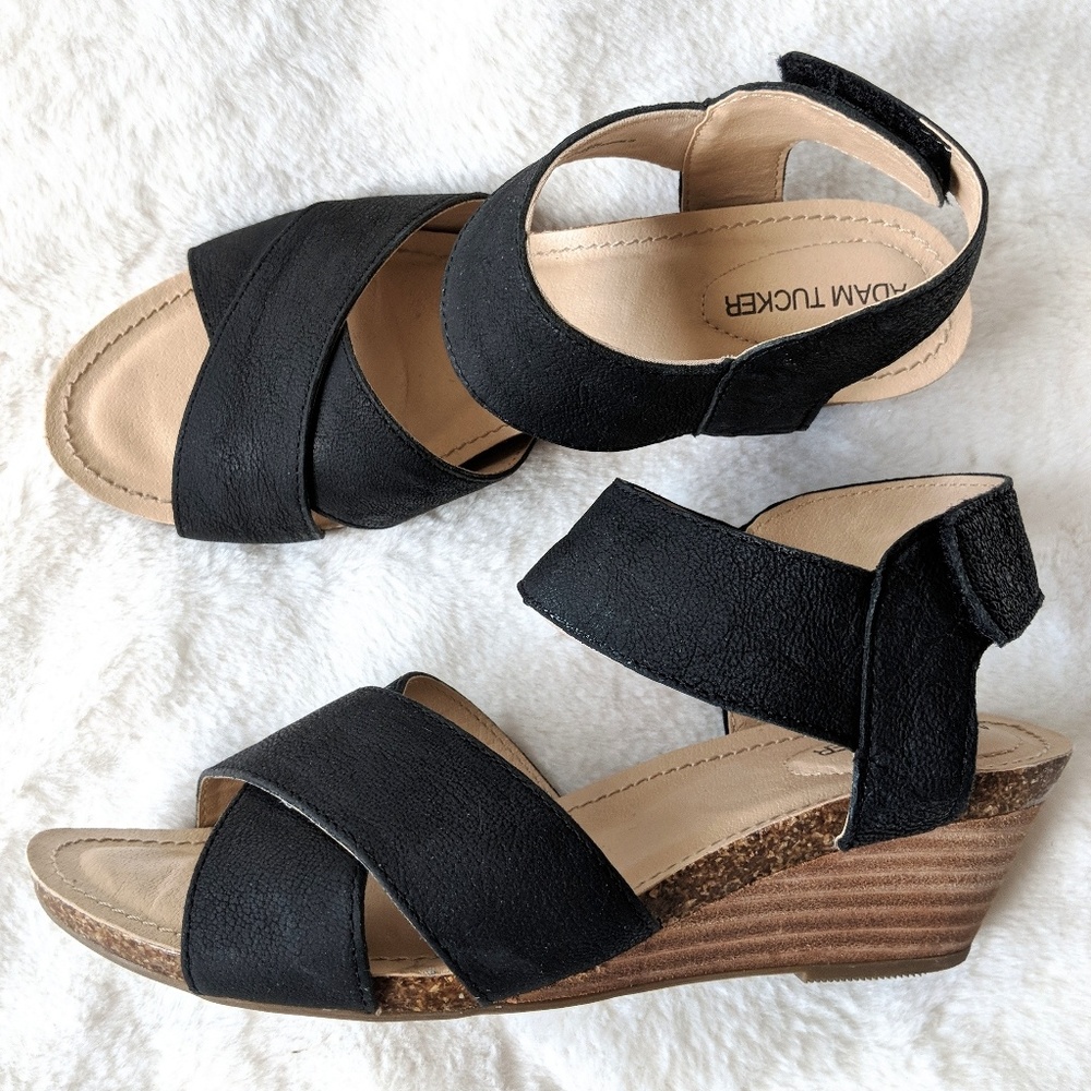 Black Leather Wedge Sandals 2.5in Heel